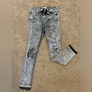 Black light wash skinny jeans, high rise